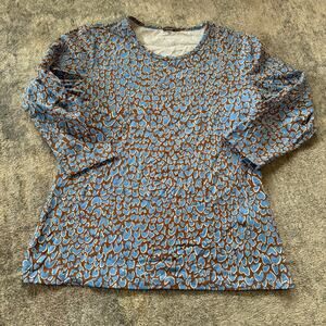 J McLaughlin Catalina Cloth Top Shirt Blue Brown Artsy Abstract 3/4 Sleeve‎ M